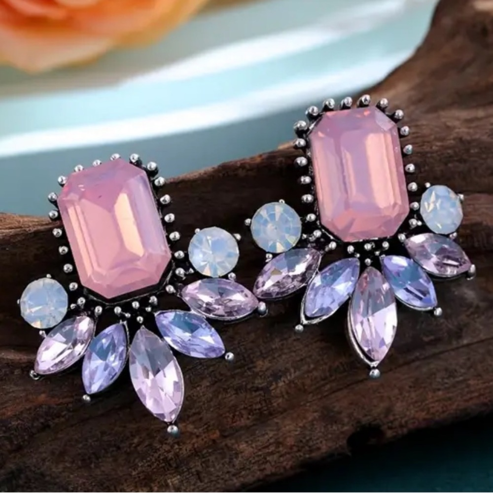 Pink Moonstone Inspired Retro Crystal Rhinestone Cocktail Cluster Stud Earring